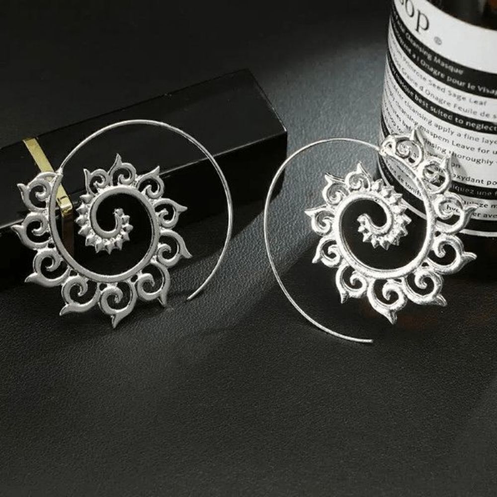 Silvergeometric Circular Spiral Tribal Boho Gypsyearrings